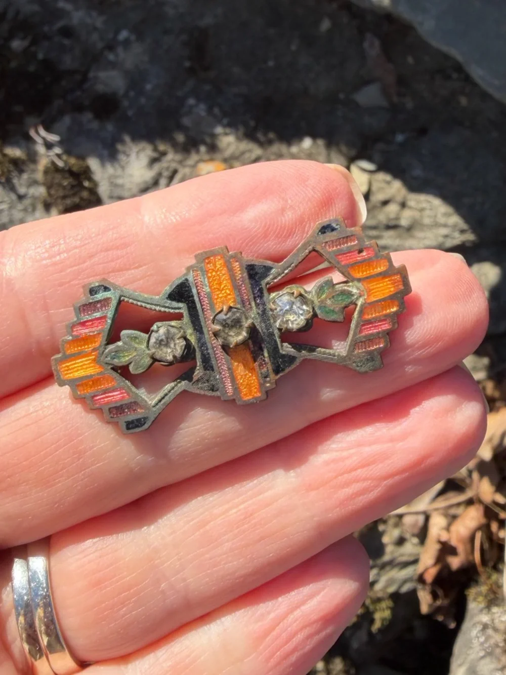 Vintage Art Deco Orange Enamel Rhinestone Fan Brooch - Picture 4 of 9